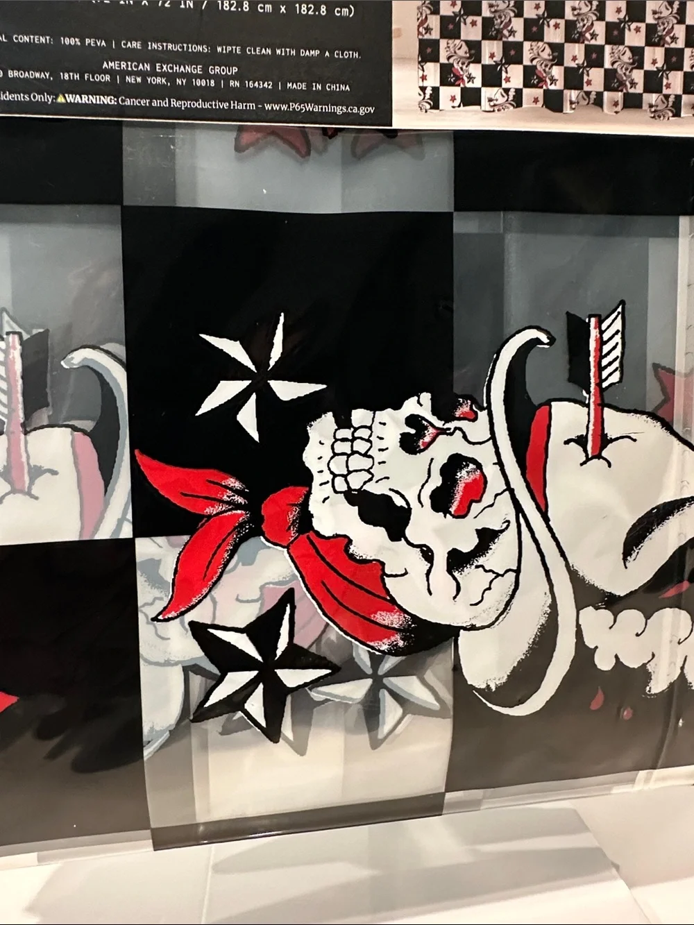 NWT Ed Hardy Printed Peva Black, White & Red Skull Shower Liner.